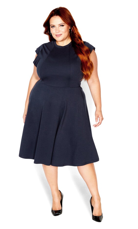 Frill Shoulder Dress - navy, BLUE, hi-res image number 0