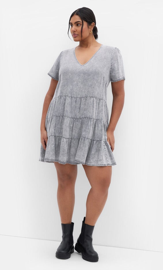 Denim Tier Dress - grey wash, GRAY, alternate image number 1