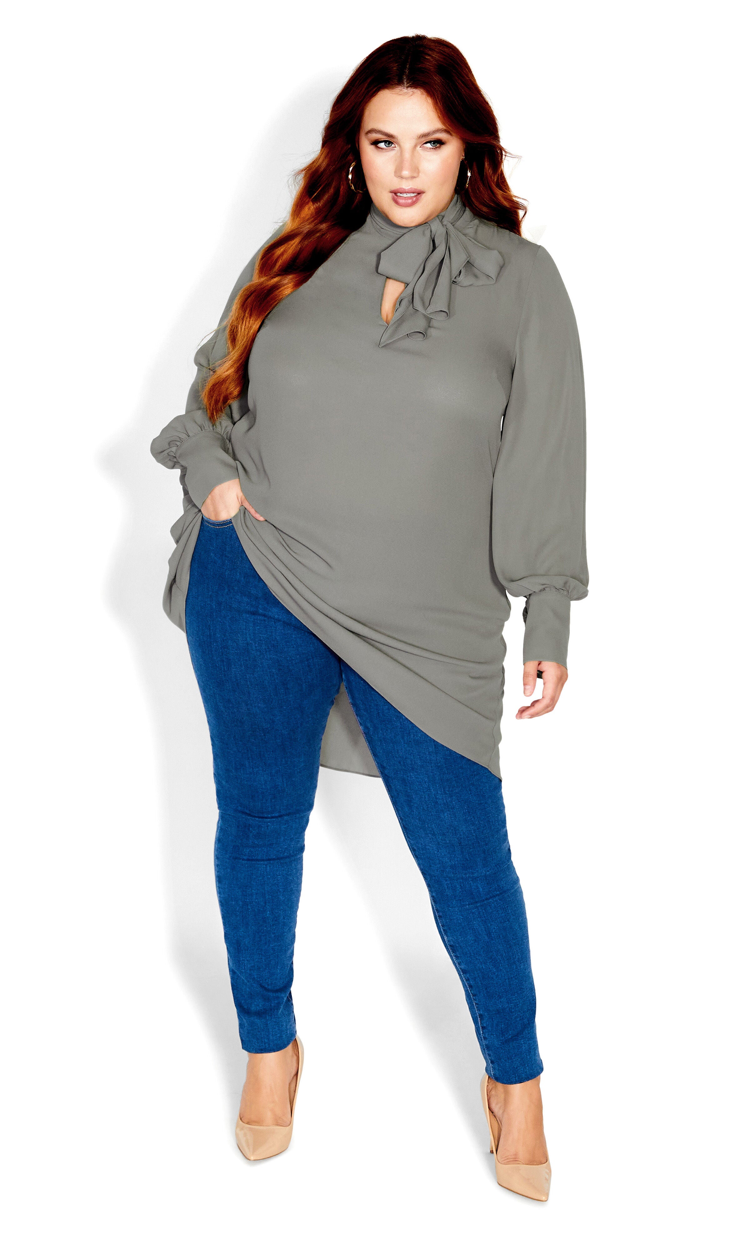 Neck Tie Tunic - fern, GRAY, alternate image number 1