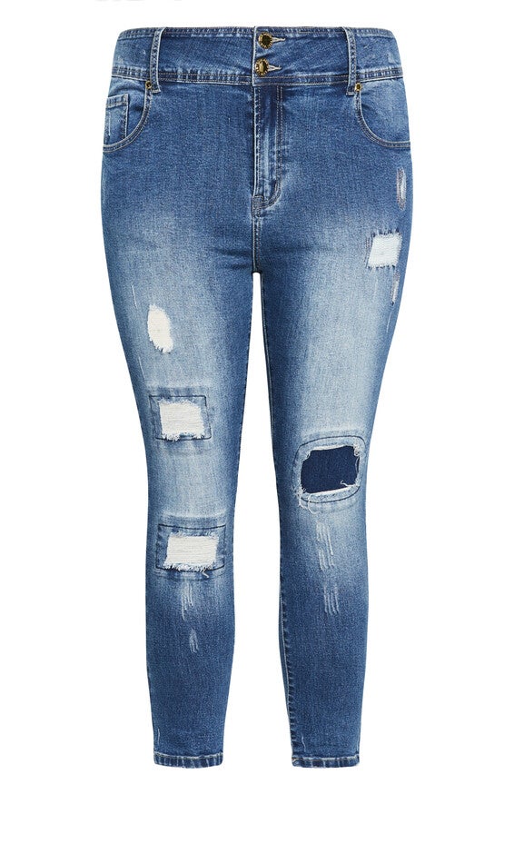 Patched Apple Skinny Jean - mid denim, BLUE, alternate image number null