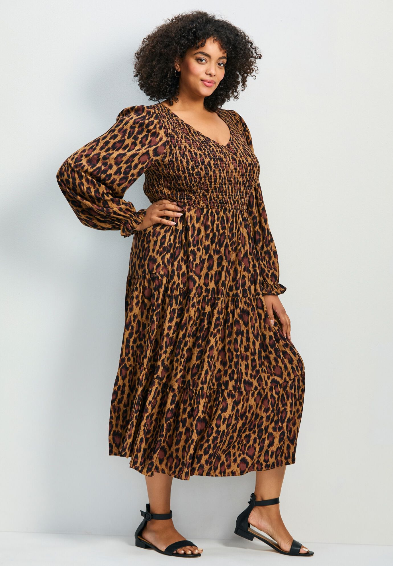 Indi Puff Sleeve Shirred Dress, LEOPARD, alternate image number 2
