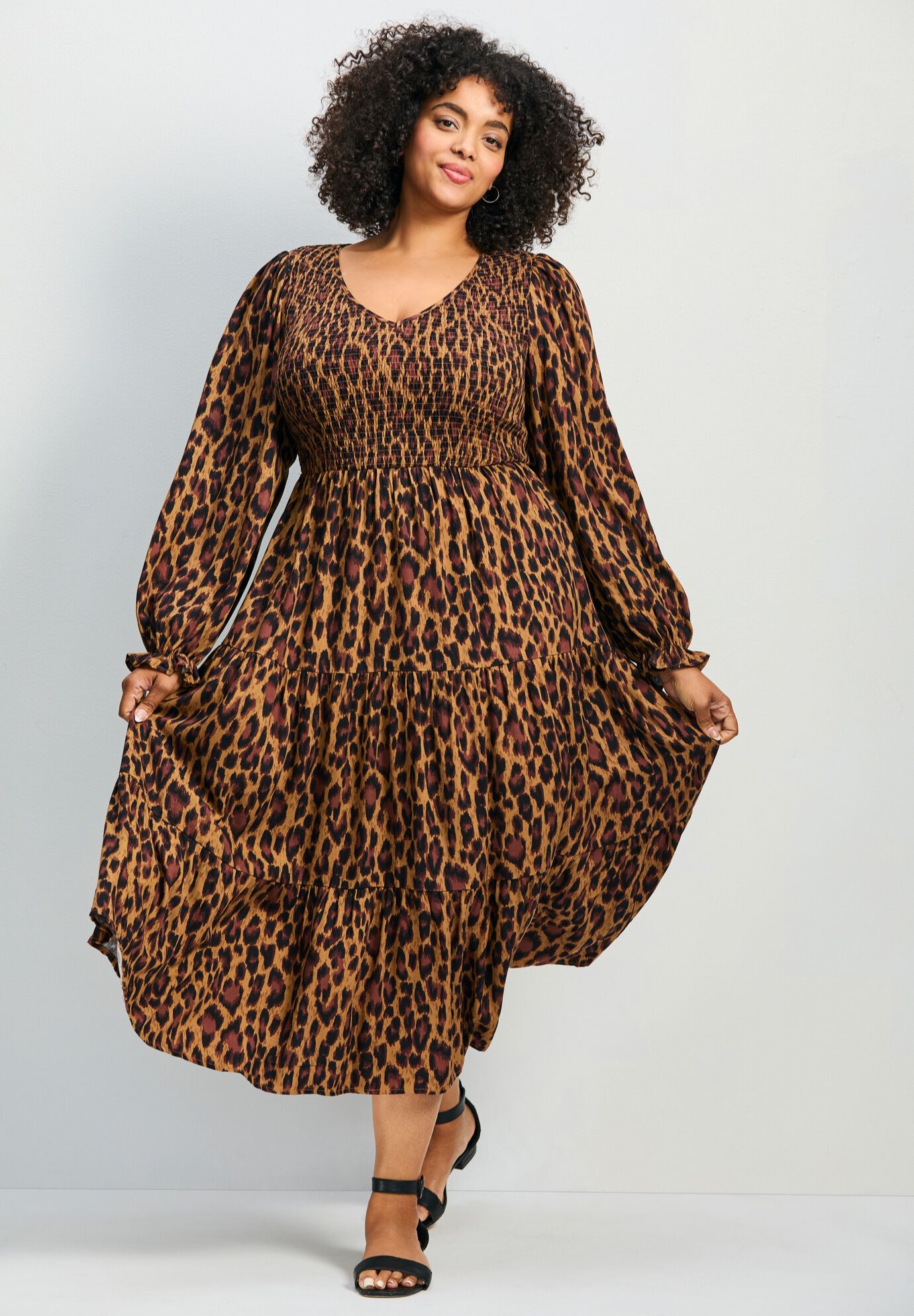 Indi Puff Sleeve Shirred Dress, LEOPARD, hi-res image number 0