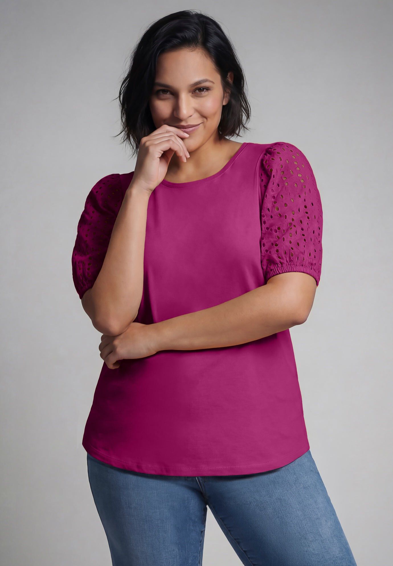 Eyelet Sleeve Tee, RASPBERRY, hi-res image number 0