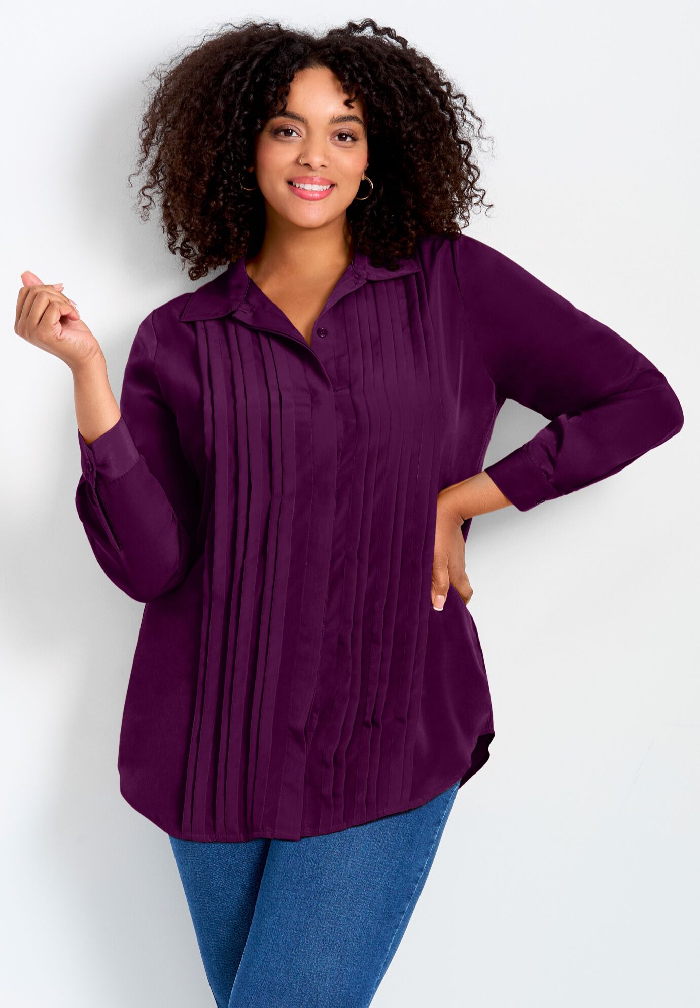 Pleated Button Down Shirt, DEEP BERRY, alternate image number 2