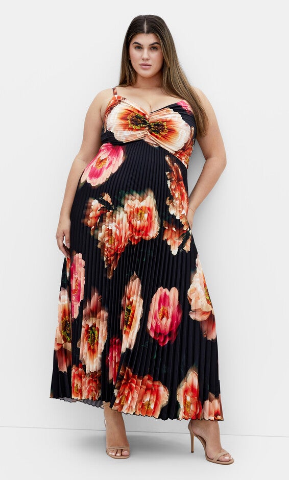 Ariana Print Pleat Dress - black, BLACK, hi-res image number 0