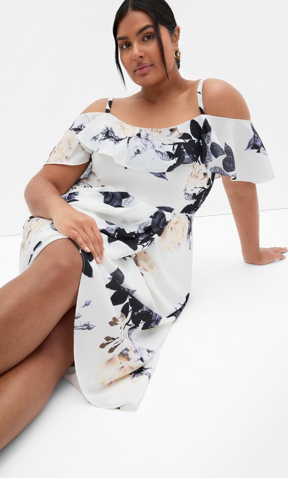 Floral Drape Midi Dress - cream, WHITE, alternate image number null