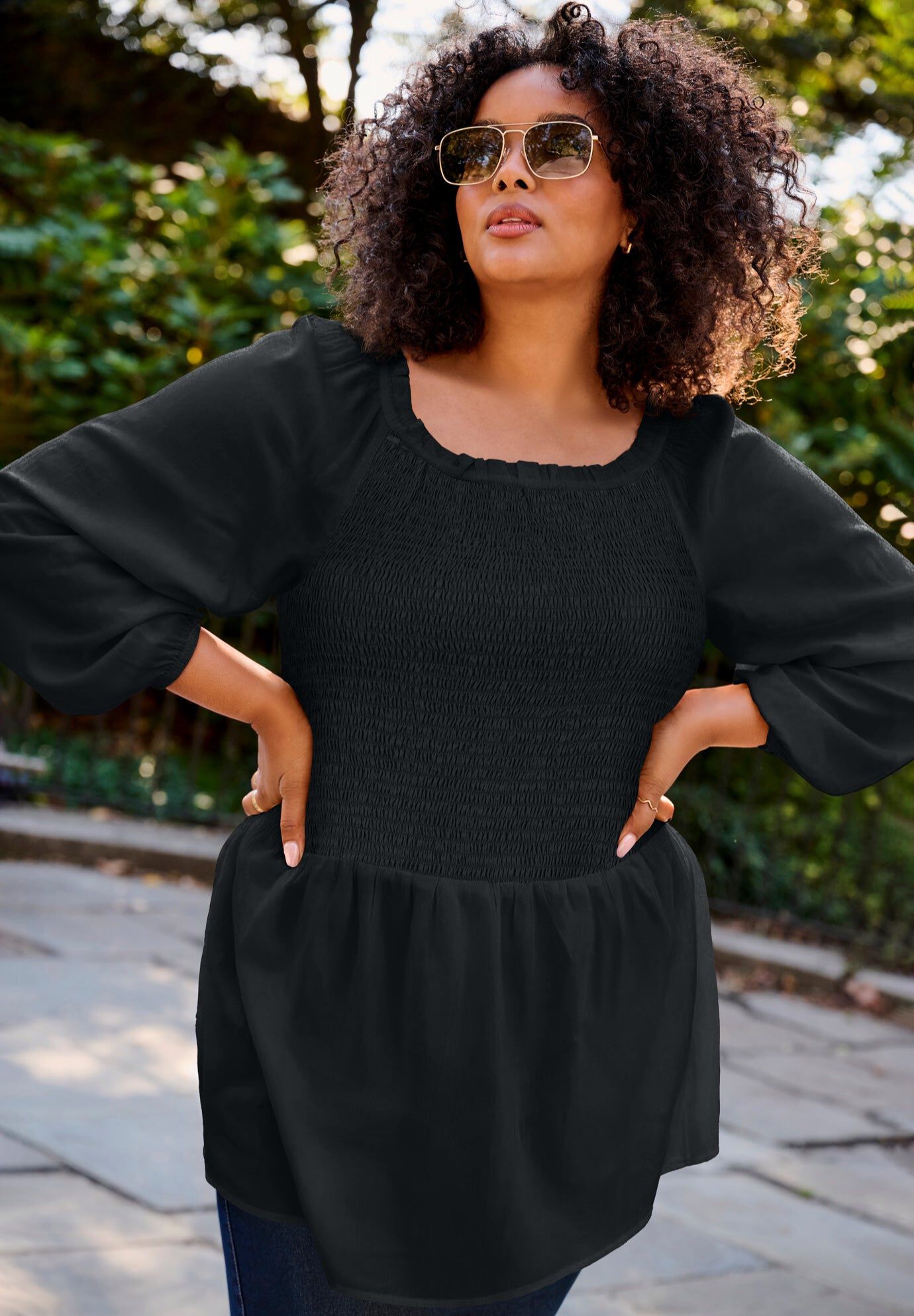 Smocking Blouson Sleeve Blouse, BLACK, hi-res image number 0