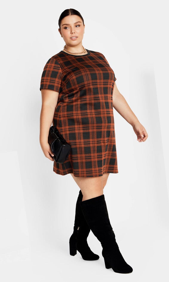 Check Love Shift Silhouette Mini Dress - caramel, CARAMEL, hi-res image number 0