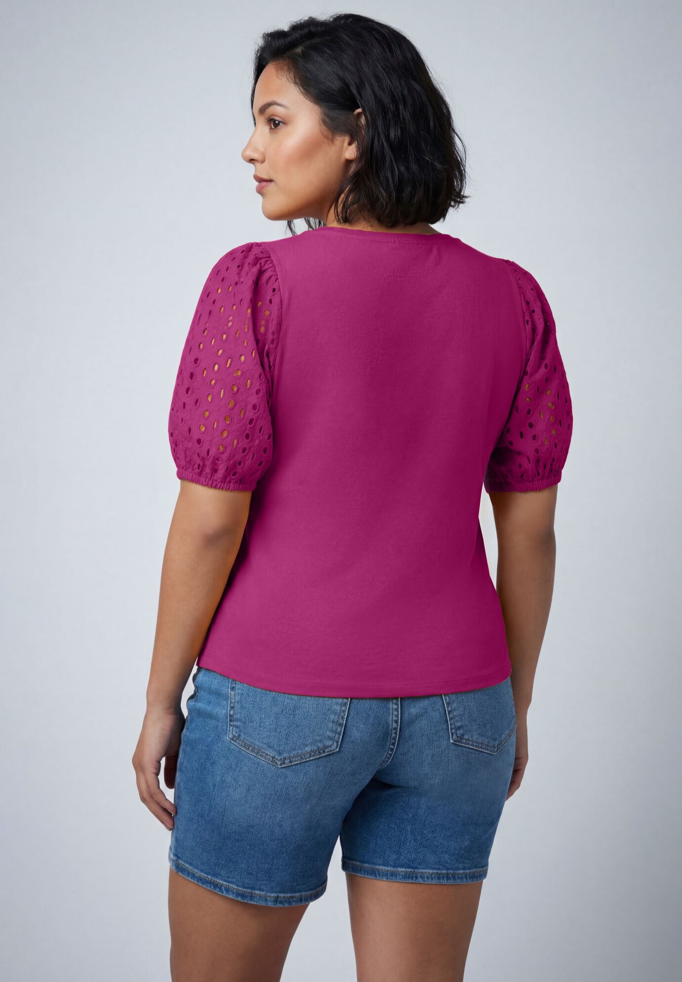Eyelet Sleeve Tee, RASPBERRY, on-hover image number 1