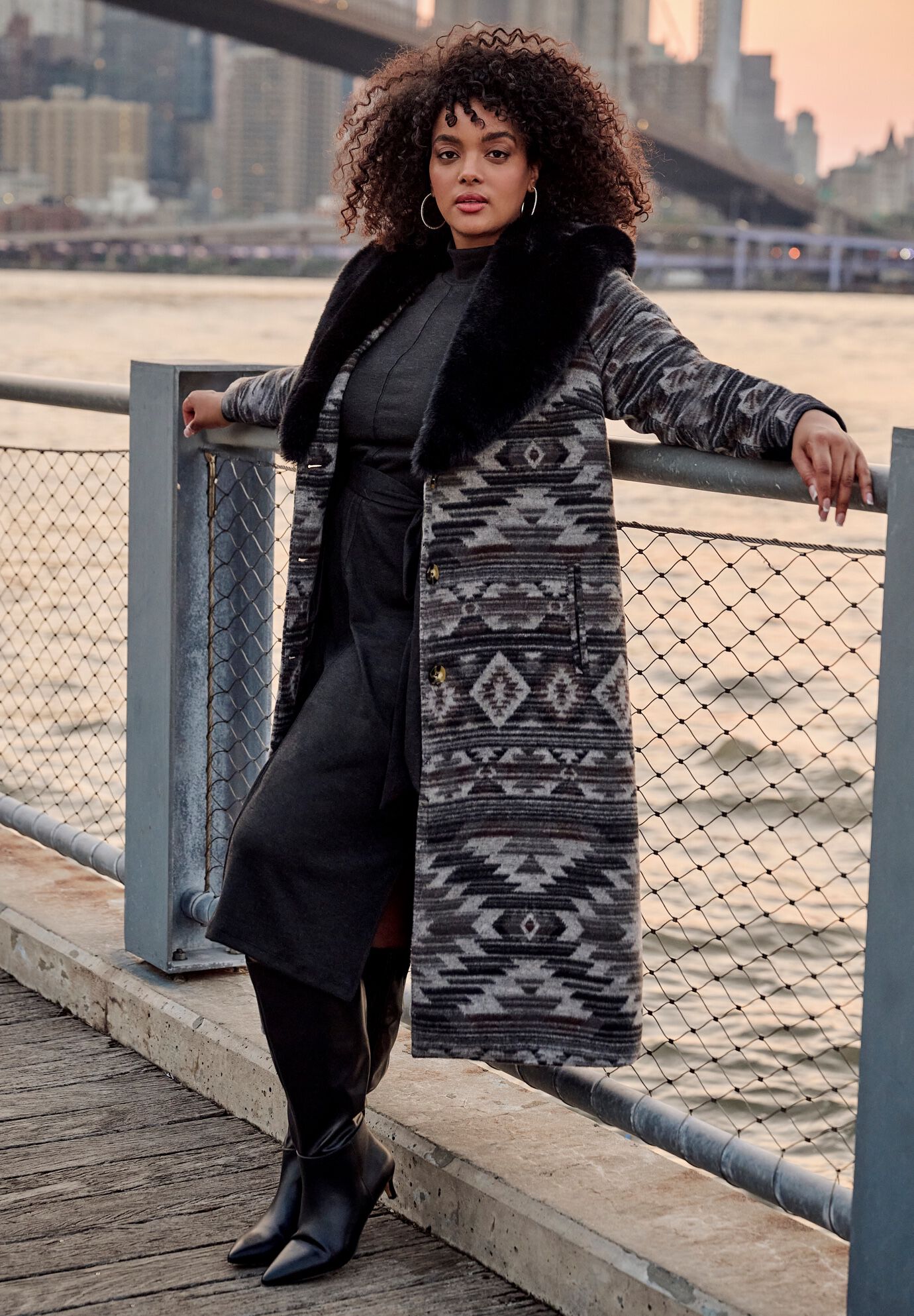 Faux Fur Trim Coat, BLACK AZTEC GEO, alternate image number 2