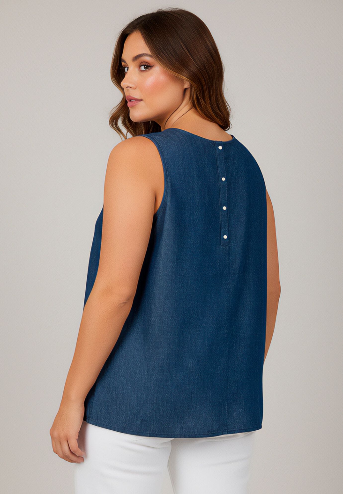 Chambray Sleeveless Tank, DARK WASH, alternate image number 2