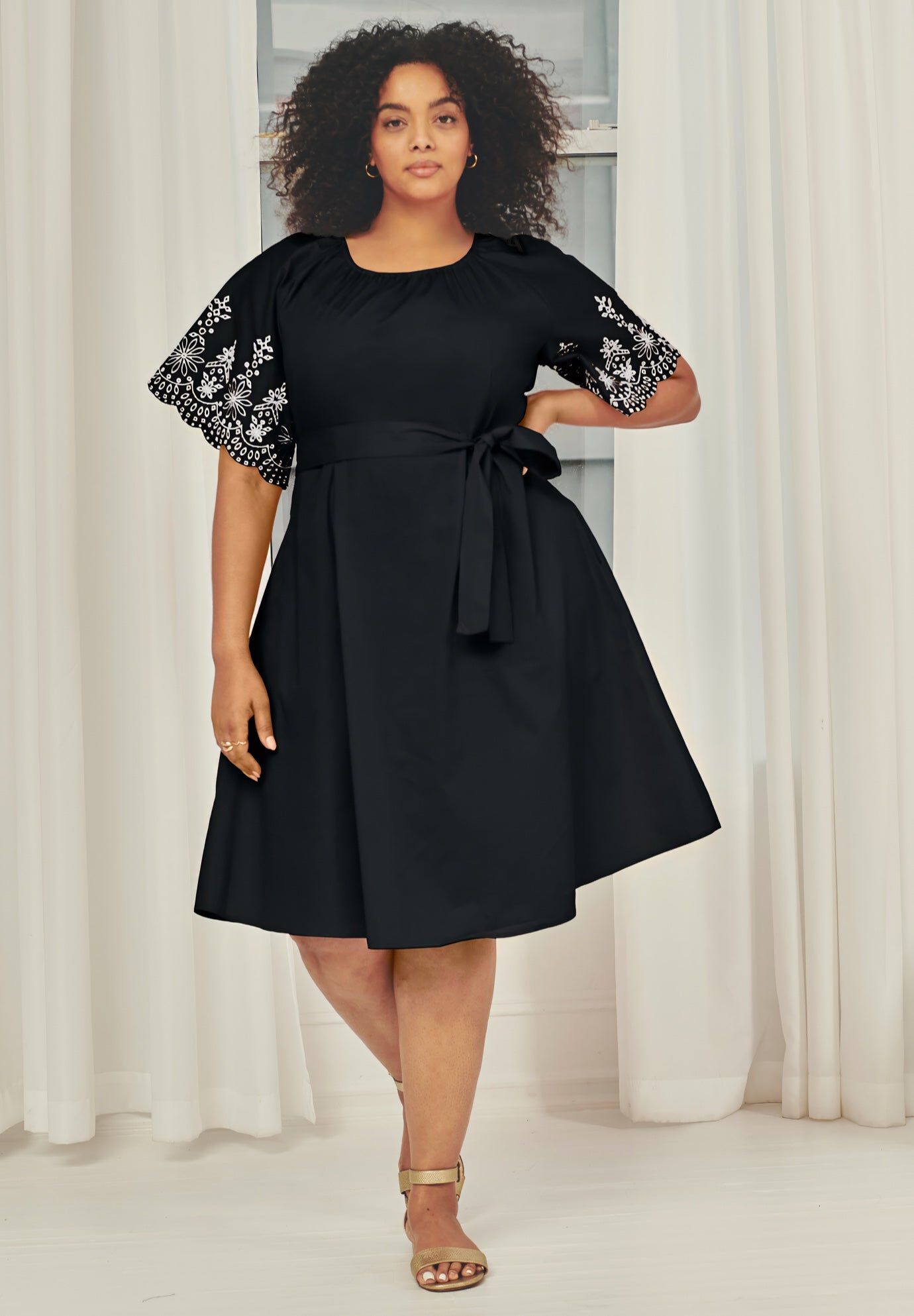 Eyelet Embroidered Midi Dress, BLACK SCALLOP EYELET, hi-res image number 0