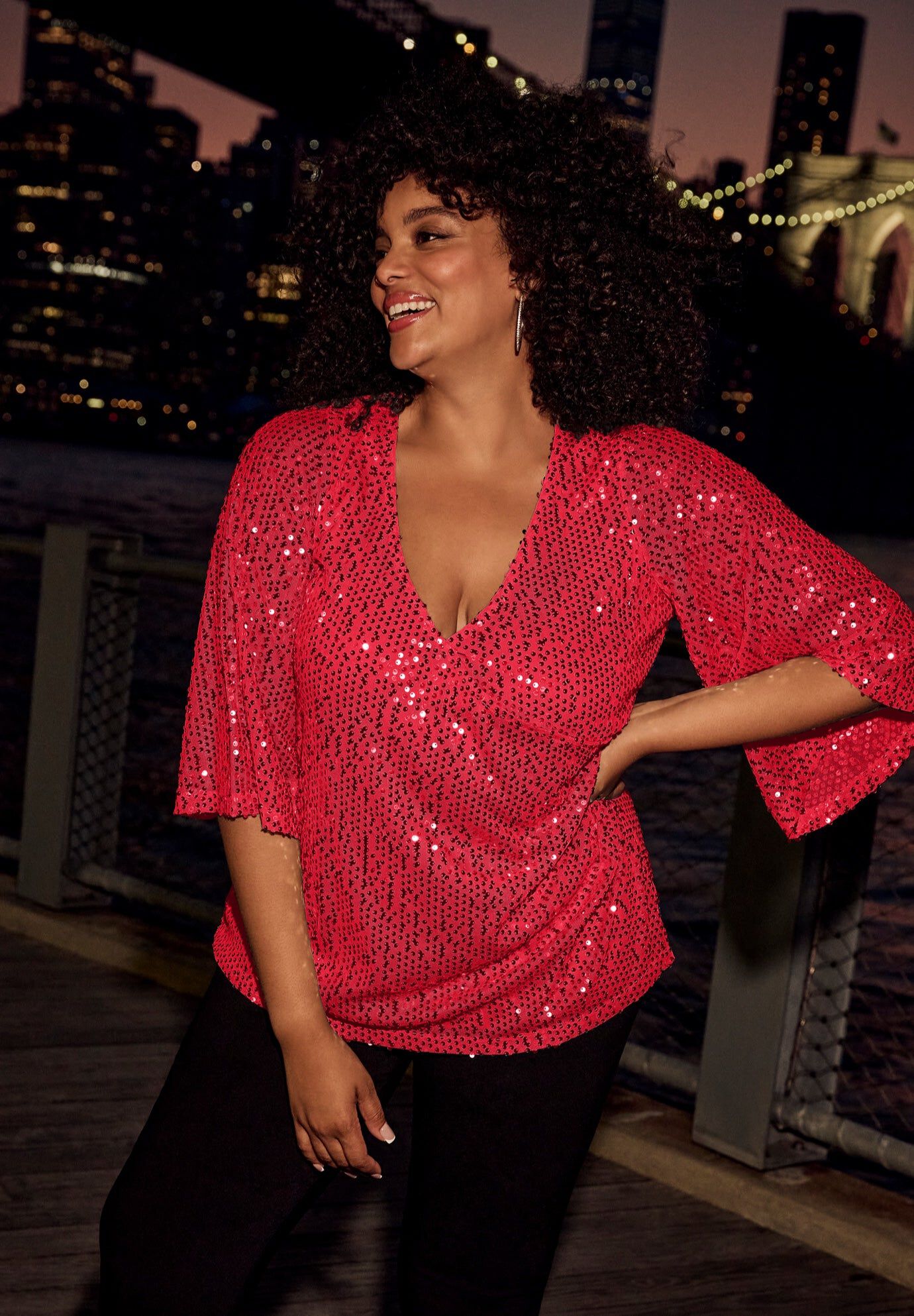 Faux Wrap Sequin Top, VIBRANT RED SEQUIN, hi-res image number 0
