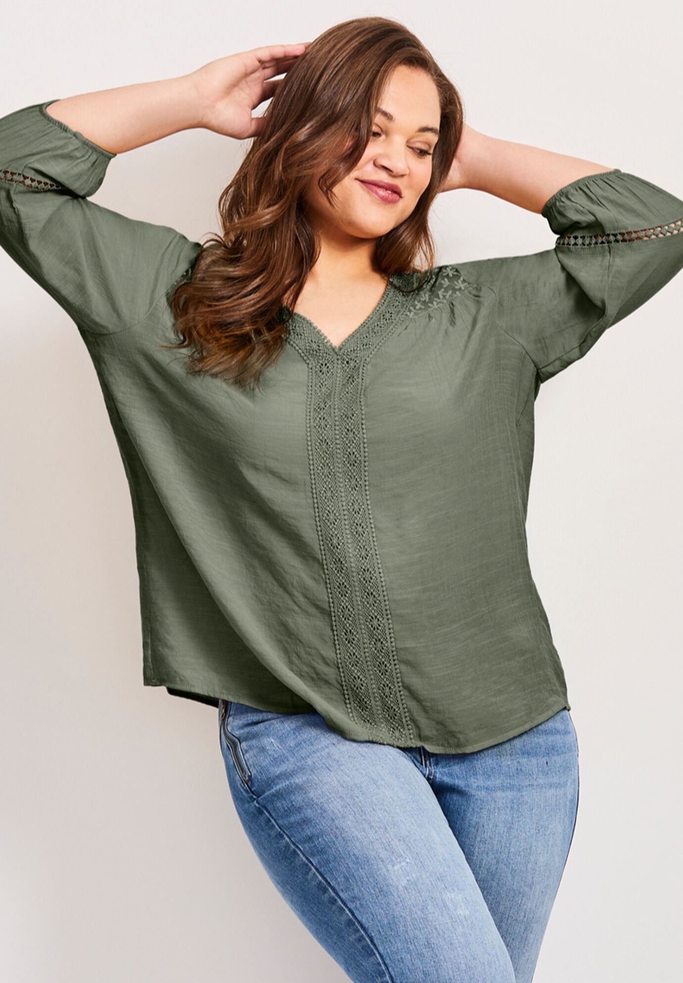 Embroidered Lace Detail Peasant Blouse, OLIVE, on-hover image number 1