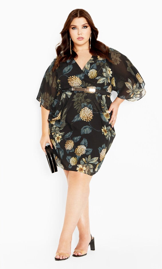 Wrap Golden Floral Dress - black, YELLOW, hi-res image number null