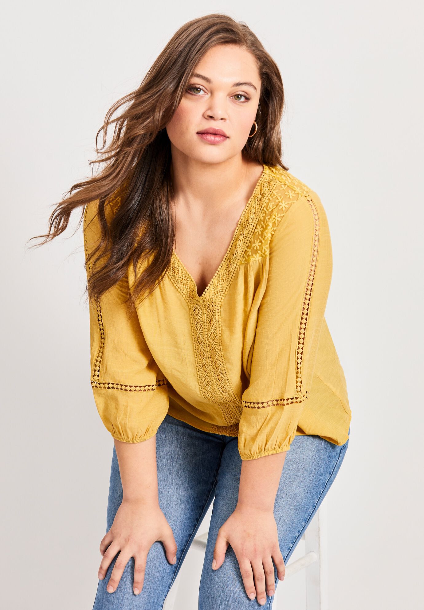 Embroidered Lace Detail Peasant Blouse, SUNFLOWER, alternate image number 5