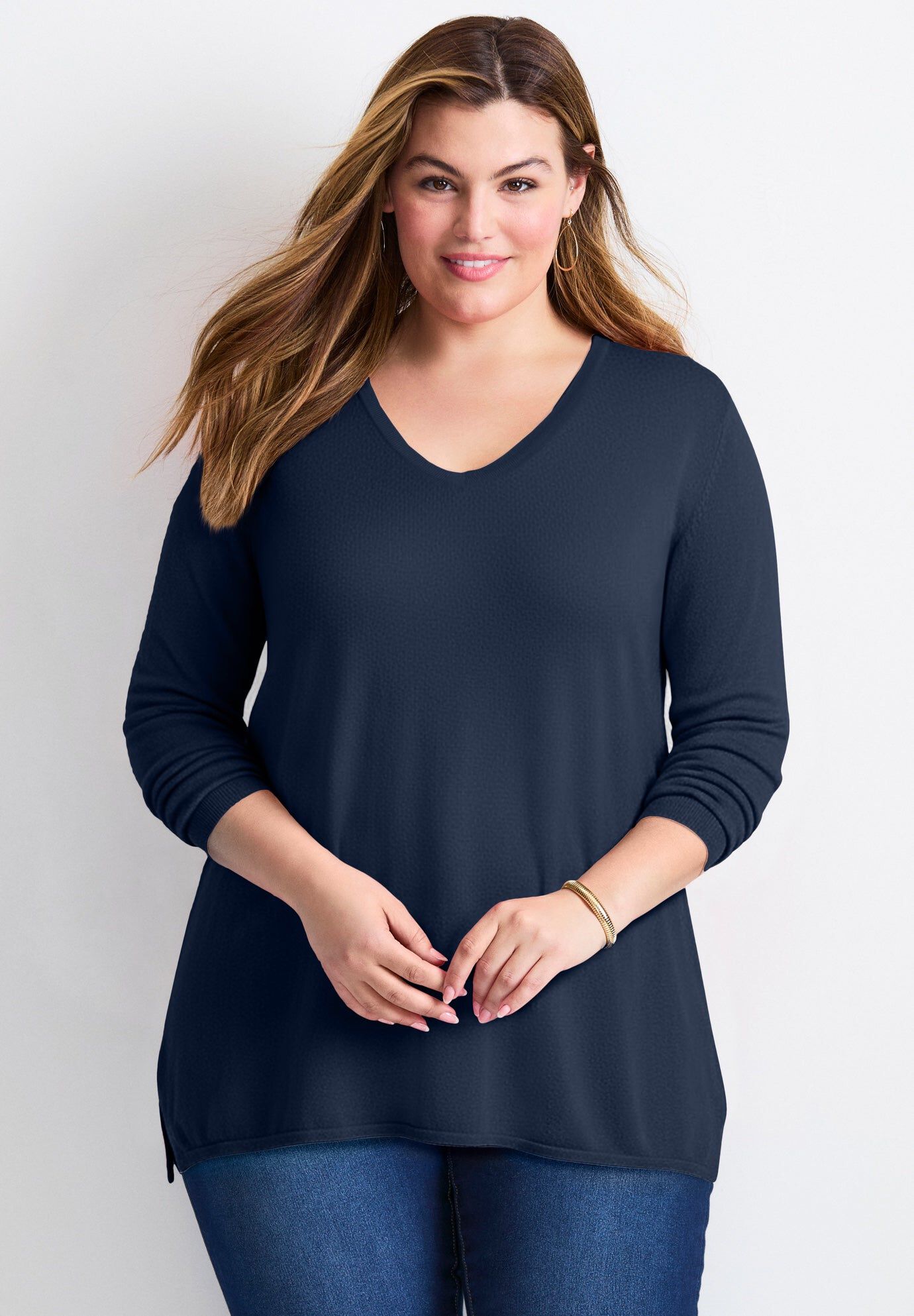 V-Neck Tunic Sweater, NAVY, hi-res image number 0