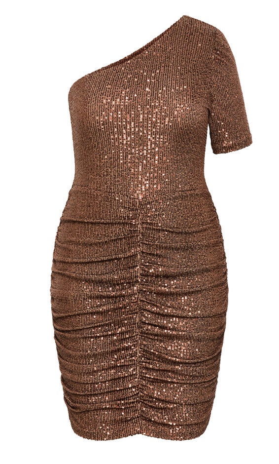 Angelina Asymmetrical Neck Ruched Dress - bronze, BRONZE, alternate image number 4