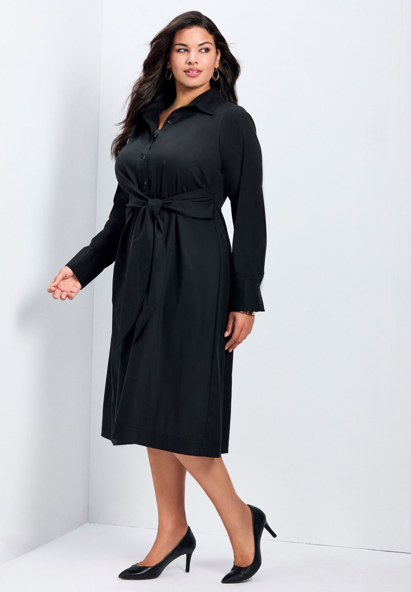 Bethany Poplin Tie Front Shirtdress, BLACK, alternate image number 1