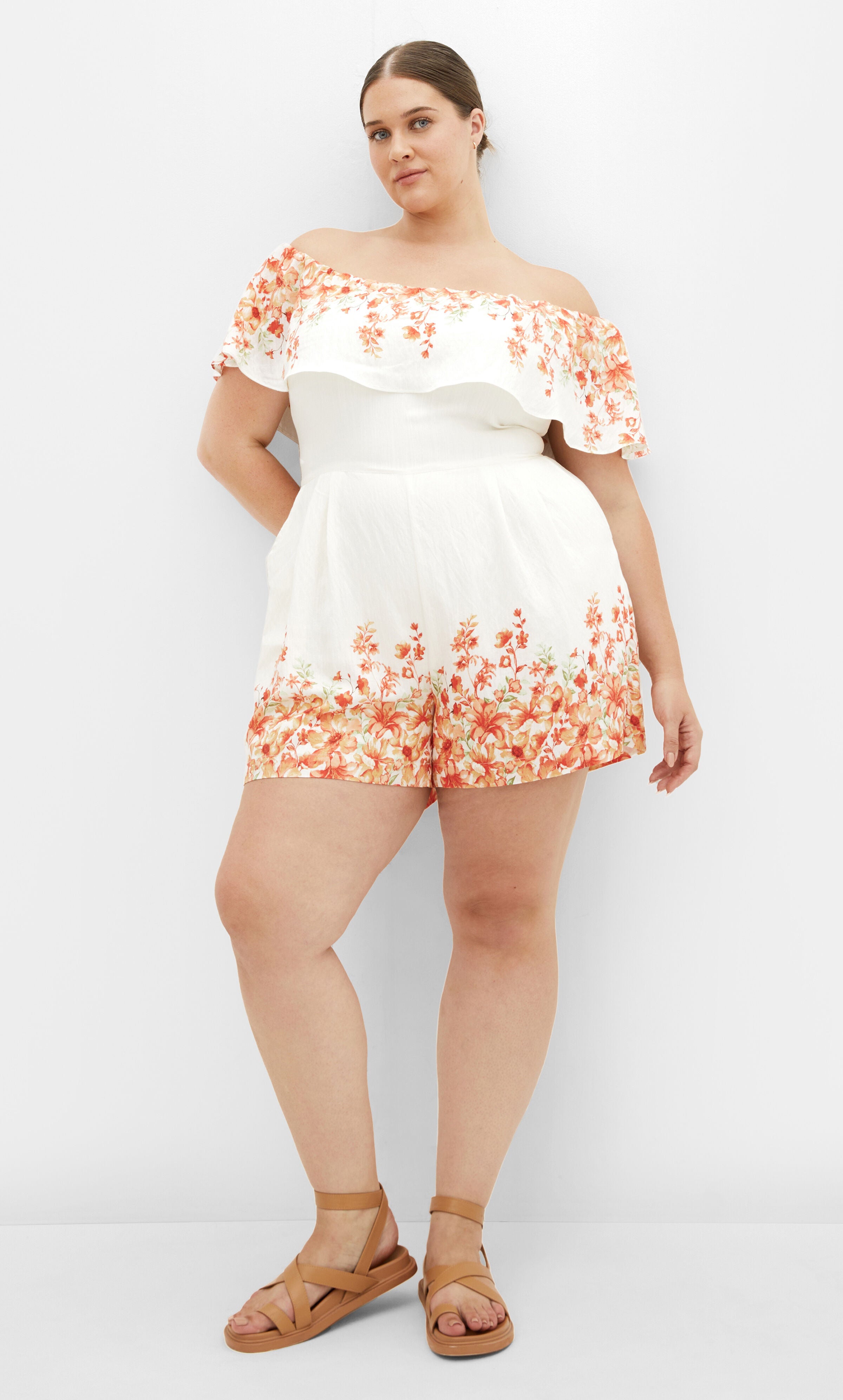 Poppy Print Playsuit - ivory, ORANGE, hi-res image number 0