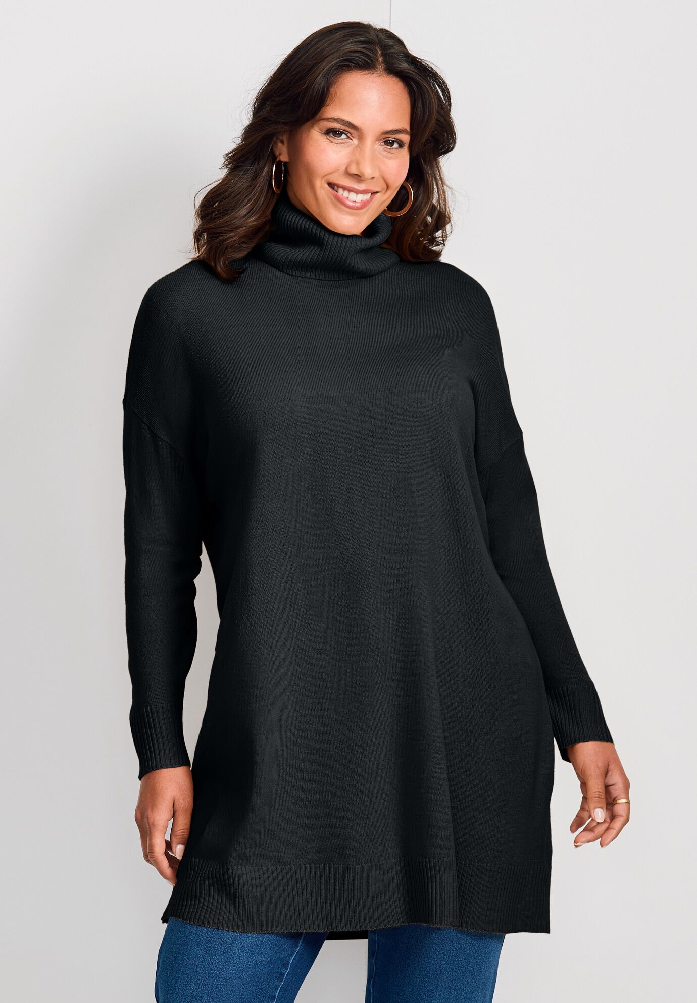 Turtleneck Tunic Sweater, BLACK, on-hover image number 1