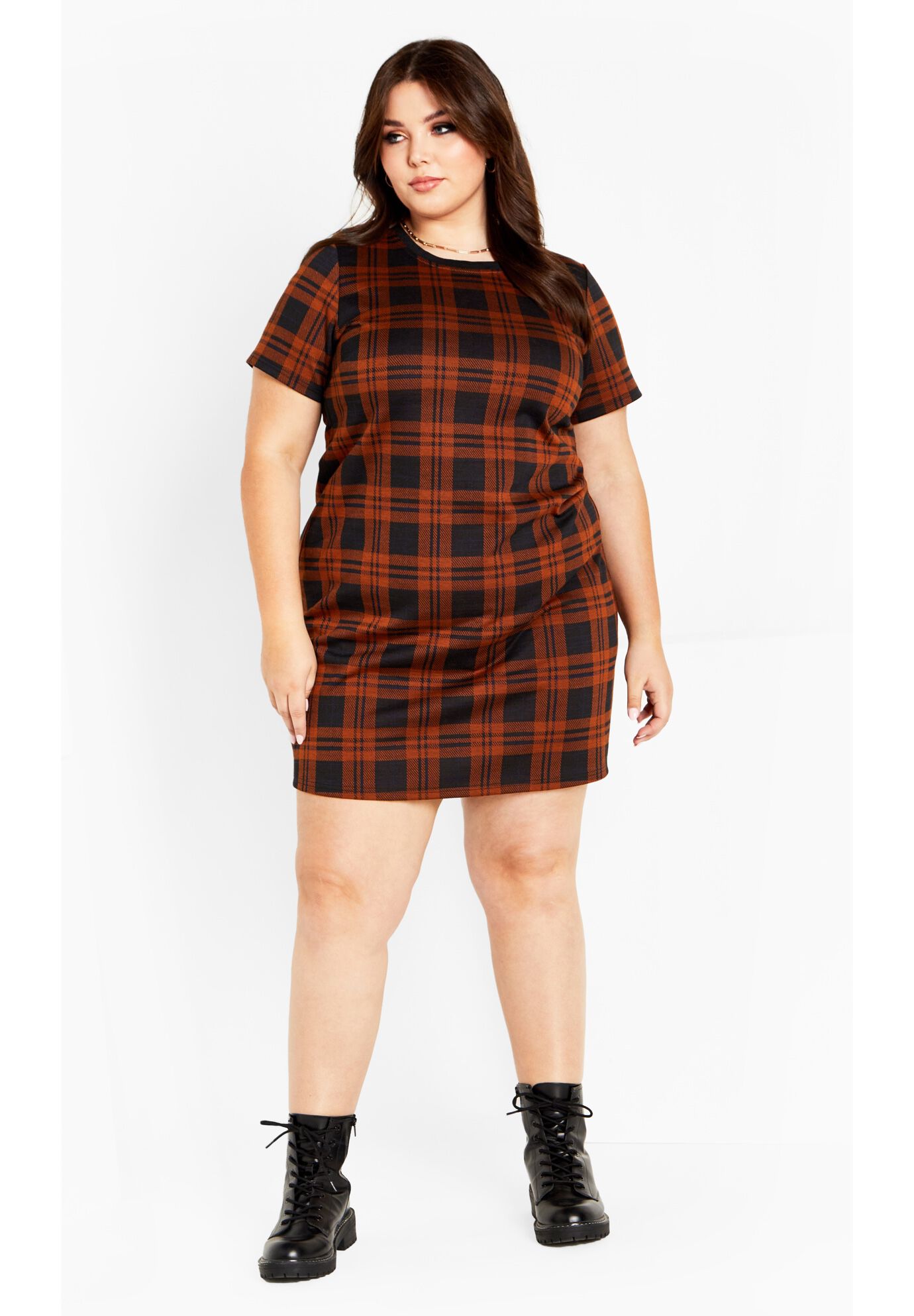 Check Love Shift Silhouette Mini Dress - caramel, BROWN, on-hover image number 1