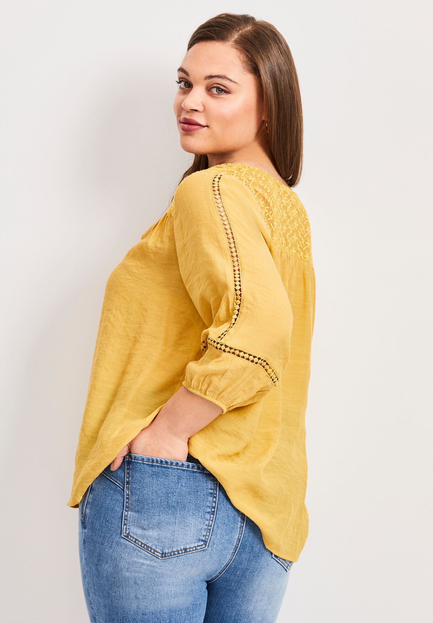 Embroidered Lace Detail Peasant Blouse, SUNFLOWER, alternate image number 2