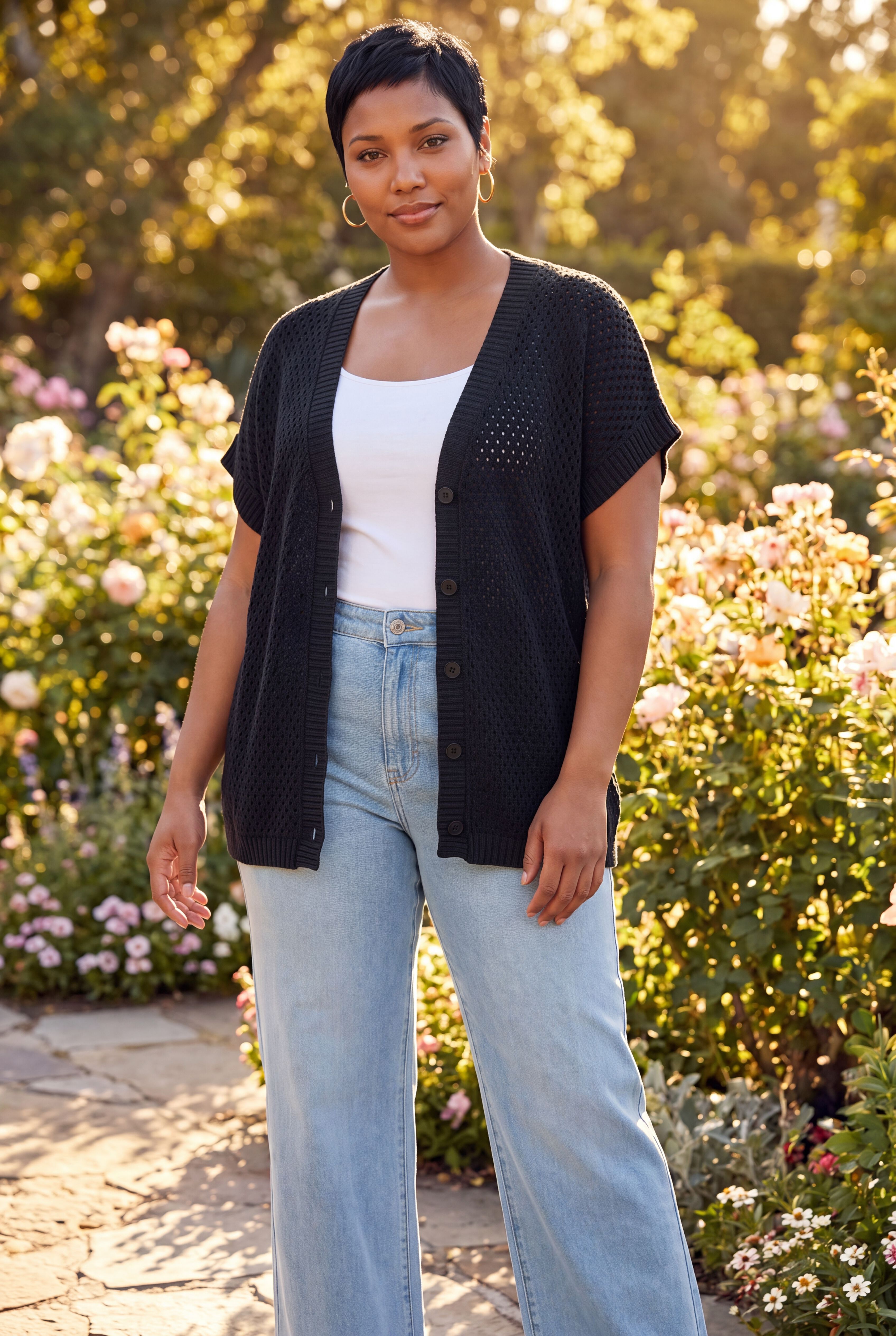 Short Sleeve Button Front Cardigan, BLACK, on-hover image number 1