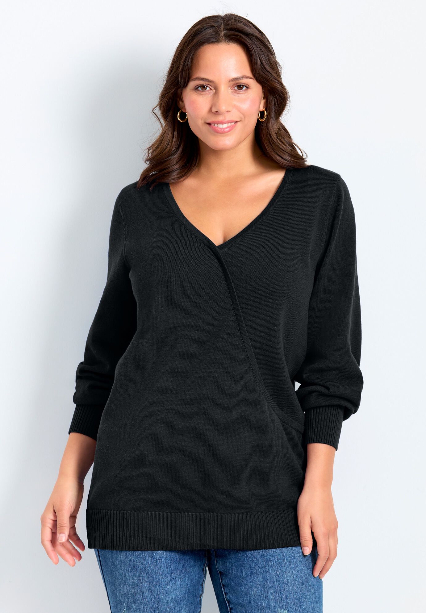 Faux Wrap Pull Over Sweater, BLACK, on-hover image number 1
