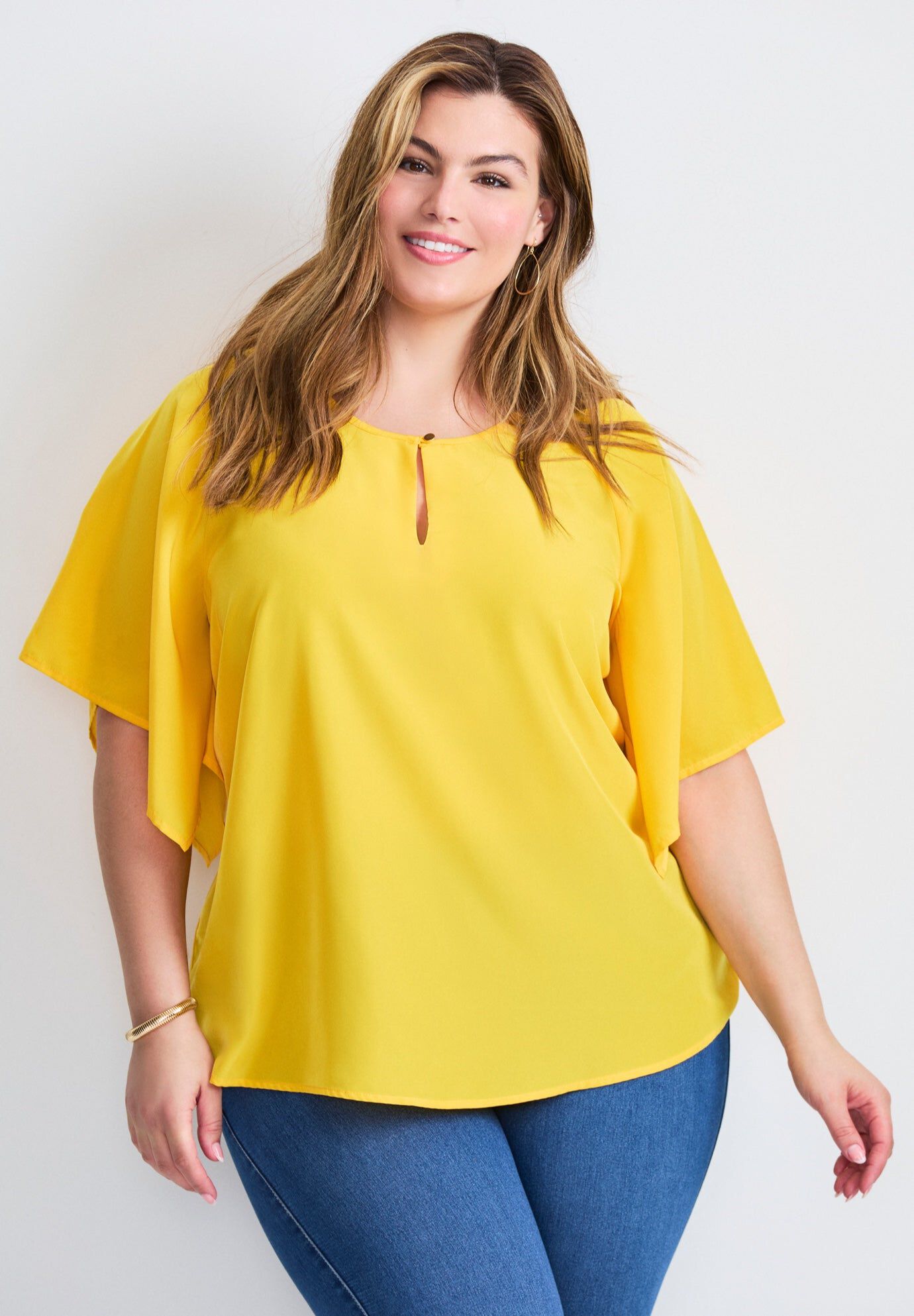 Pleated Flounce Sleeve Keyhole Blouse