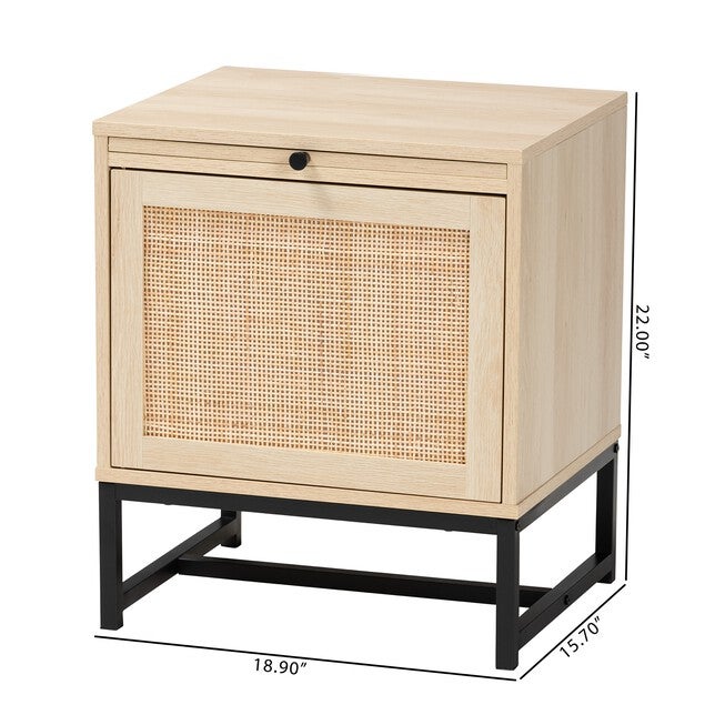 Caterina Mid-Century Modern Transitional Natural Brown Finished Wood And Natural Rattan 1-Door Nightstand With Pull-Out Shelf, , alternate image number 9