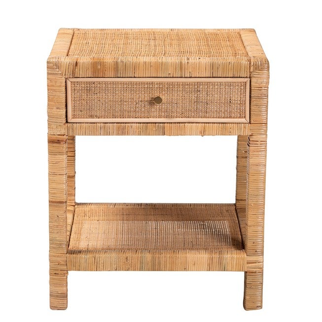 Adelia Modern Bohemian Natural Rattan And Mahogany Wood 1-Drawer Nightstand, , alternate image number null