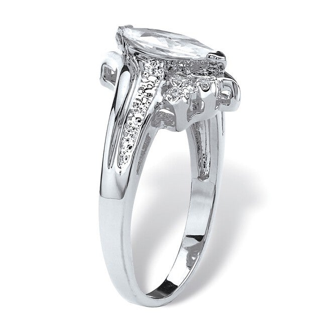Silver Tone Marquise Cut Engagement Ring Cubic Zirconia, , on-hover image number 1