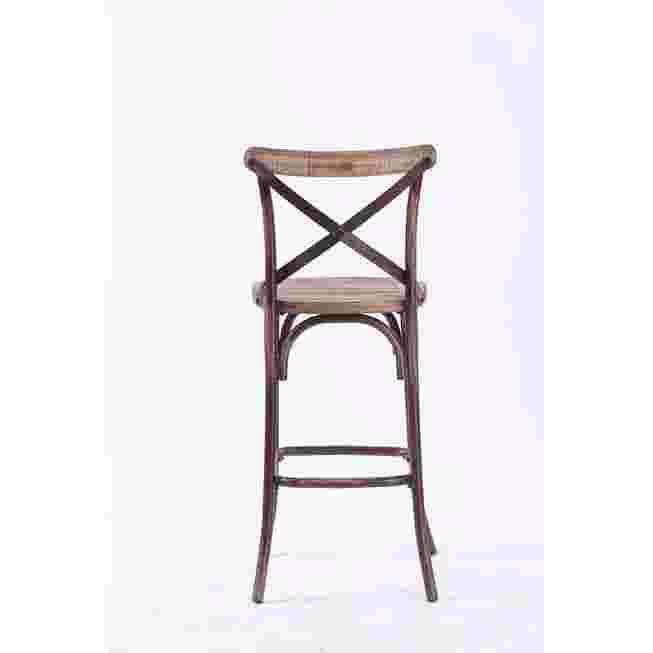 Bar chair with dark red X-back frame and wooden seat