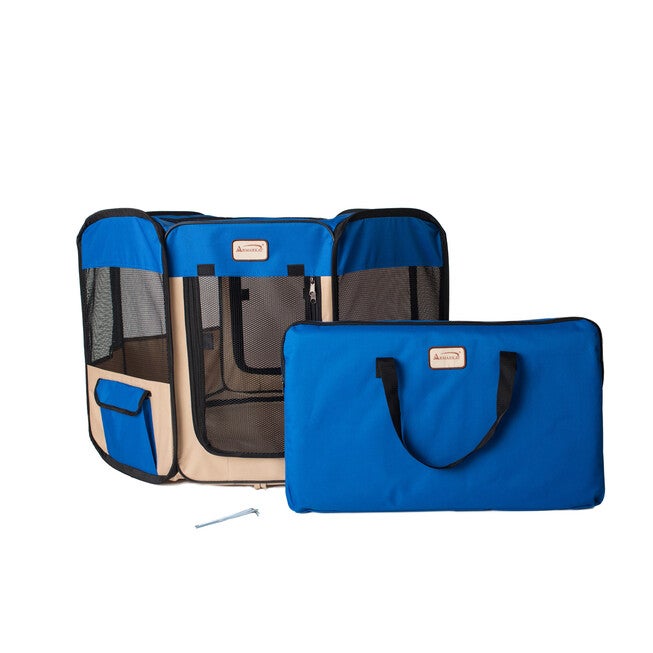 Portable Pet Dog Kitten Playpen In Blue And Beige Combo, BLUE BEIGE, hi-res image number 0