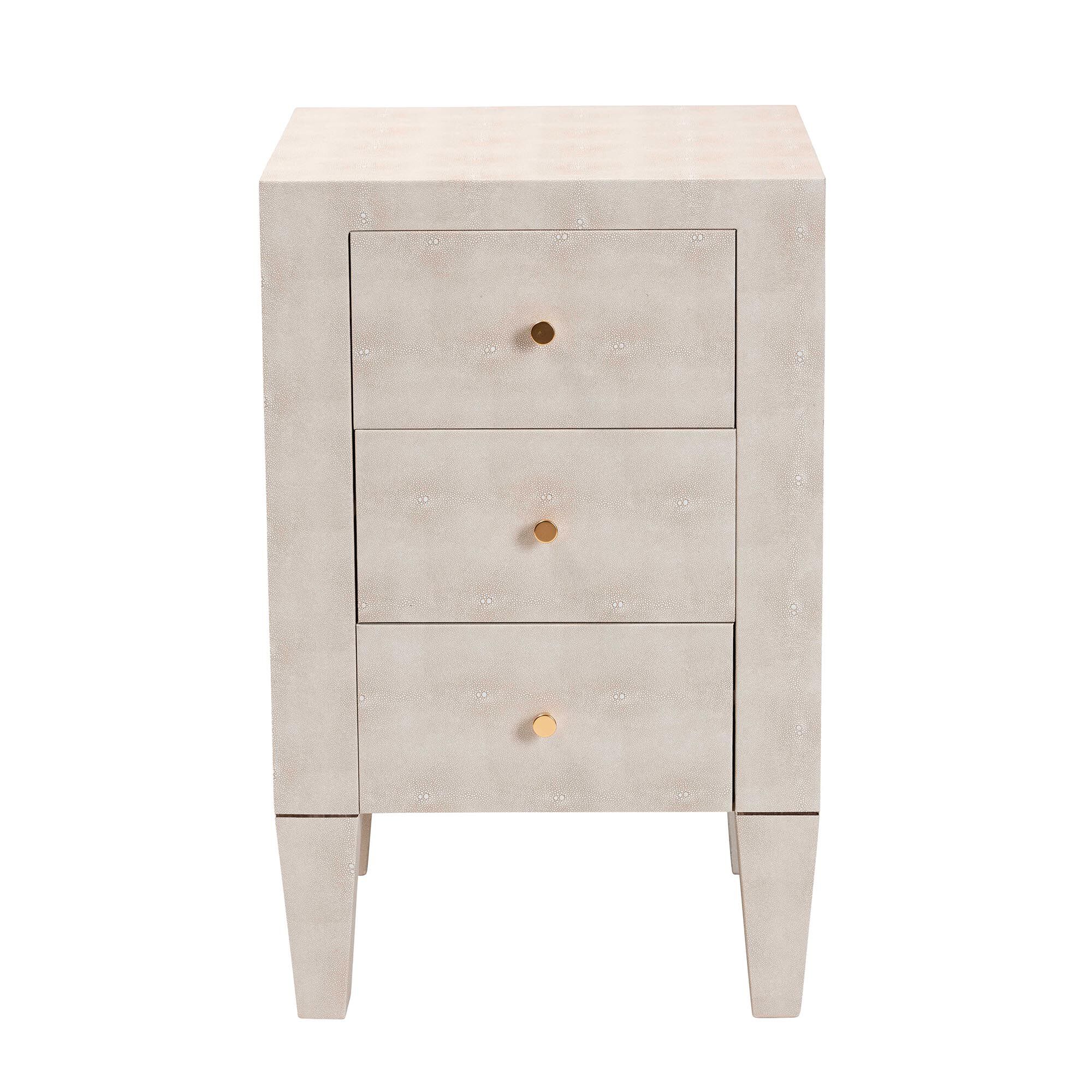 Front view of a light wood three-drawer nightstand with slim legs.