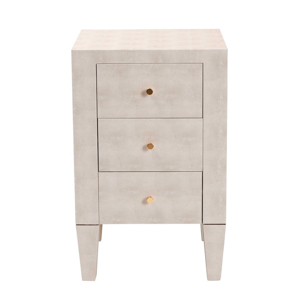 Front view of a light wood three-drawer nightstand with slim legs.