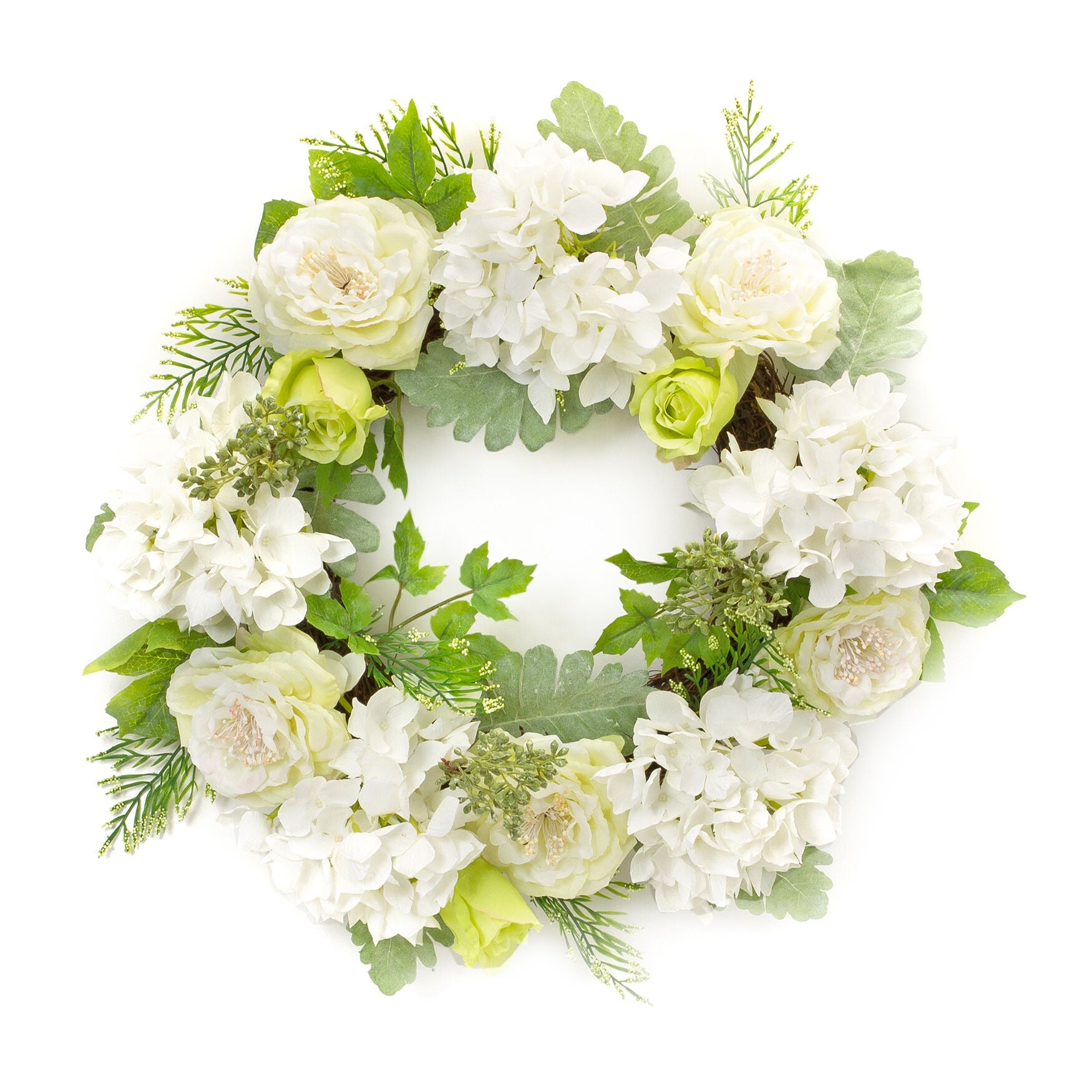 Peony And Hydrangea Floral Wreath 21 inchesD, WHITE, hi-res image number 0