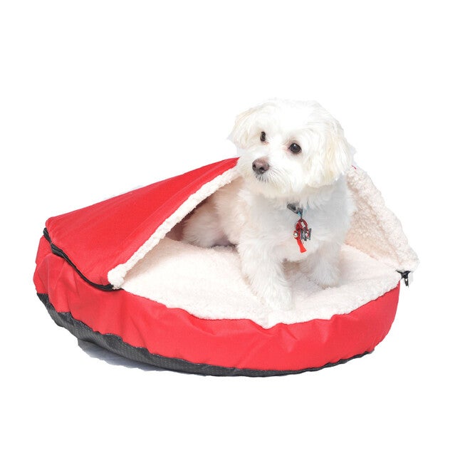Happycare Tex Durable Oxford to Sherpa Pet Cave and Round Pet Bed, 25 inches, with Removable top and Insert, Red, RED, hi-res image number null