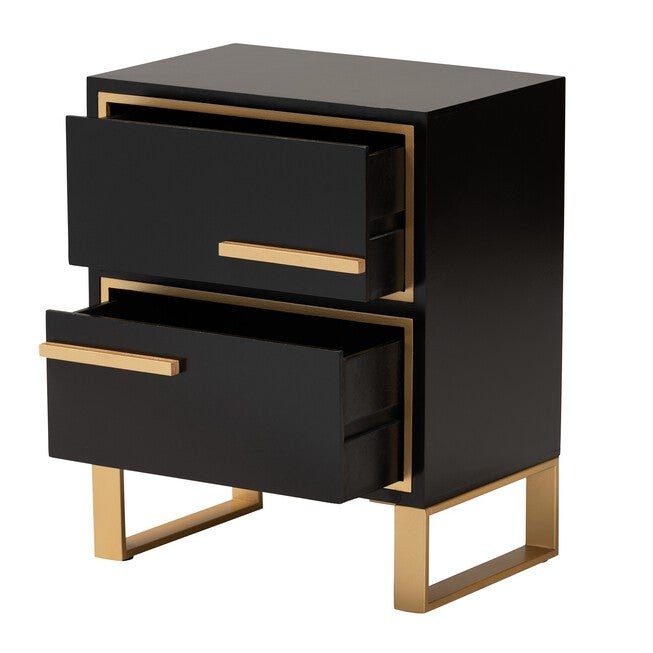 Giolla Contemporary Glam And Luxe Black Finished Wood And Gold Metal 2-Drawer Nightstand, , on-hover image number 1