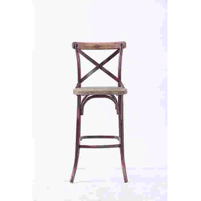 Bar chair with dark red frame and X-back, wooden seat