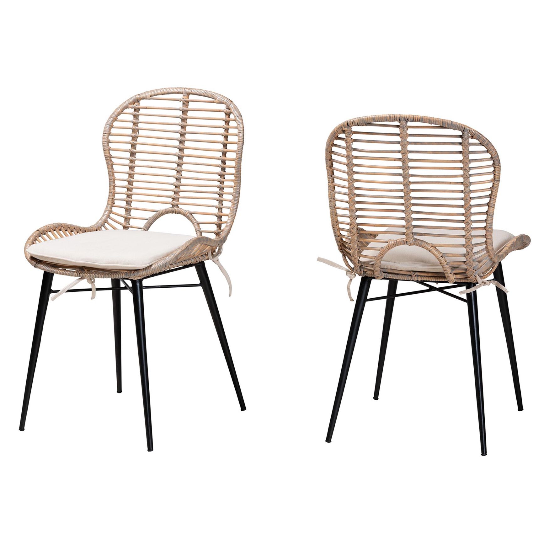Brenna Modern Bohemian Greywashed Rattan And Black Metal Dining Chair, GREY RATTAN, hi-res image number 0
