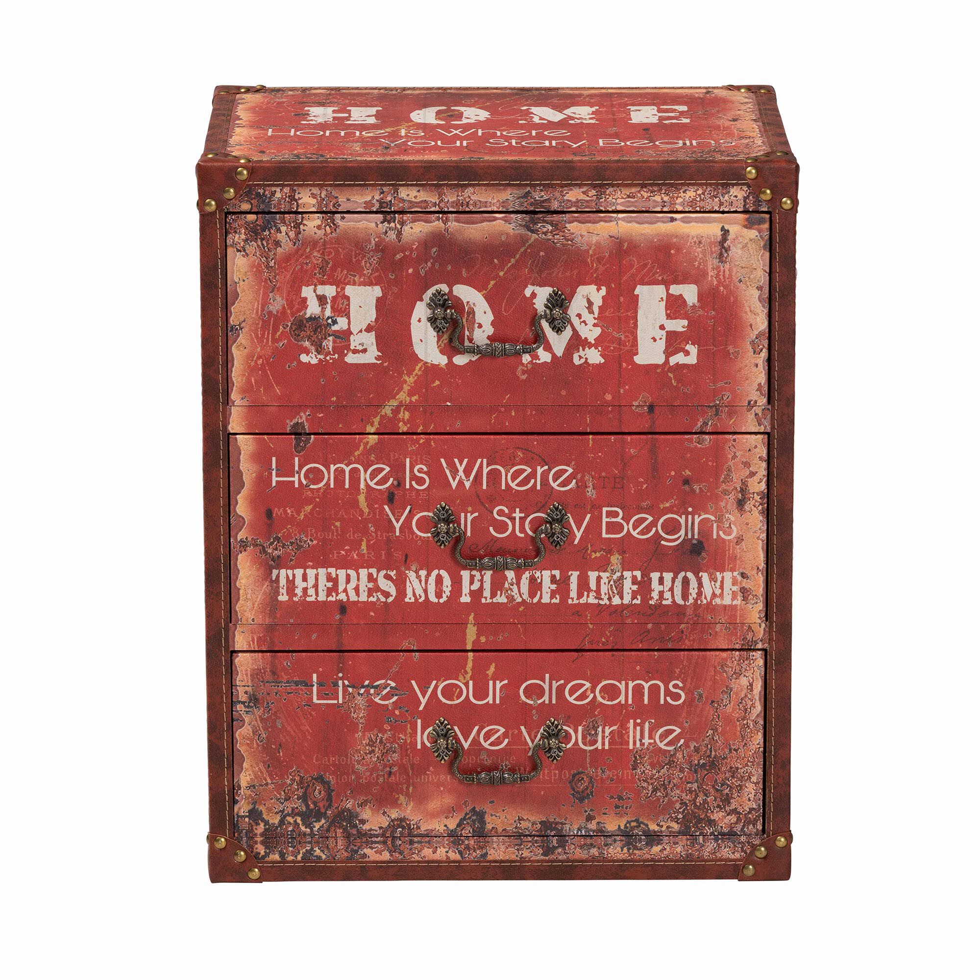 Lorand Vintage Faux Leather and Wood 3-Drawer Storage Trunk, RED, alternate image number 3