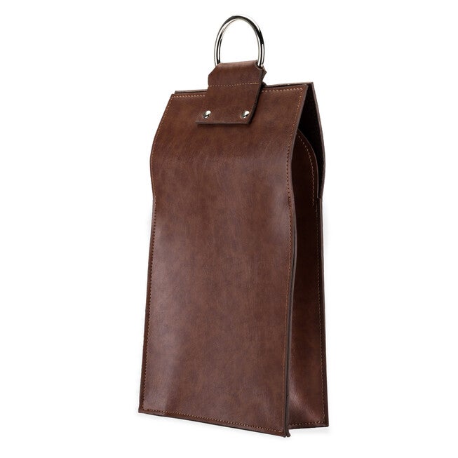 Brown Faux Leather Double-Bottle Wine Tote, BROWN, hi-res image number 0