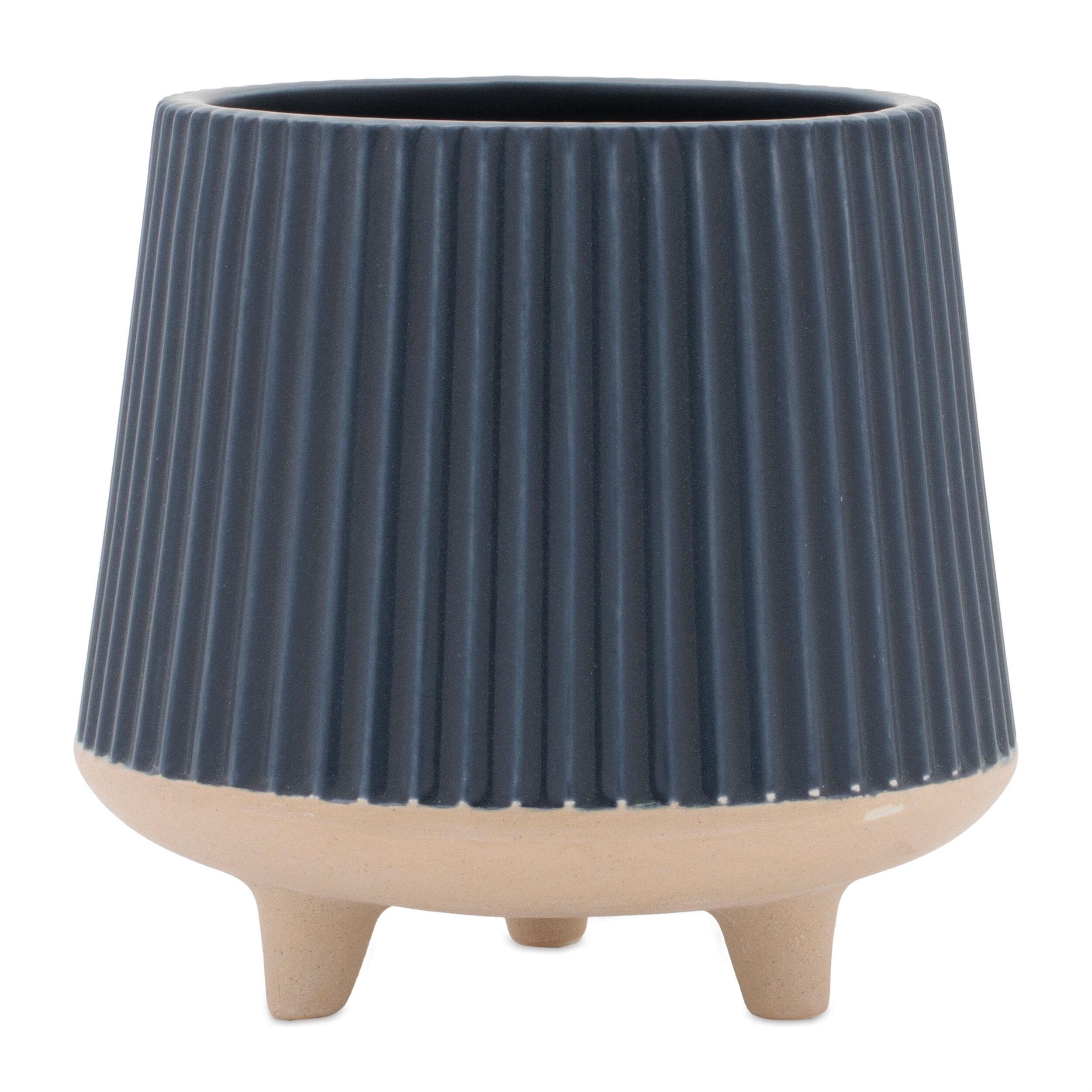 Ceramic Ribbed Footed Planter Set of 2, BLUE BEIGE, hi-res image number 0