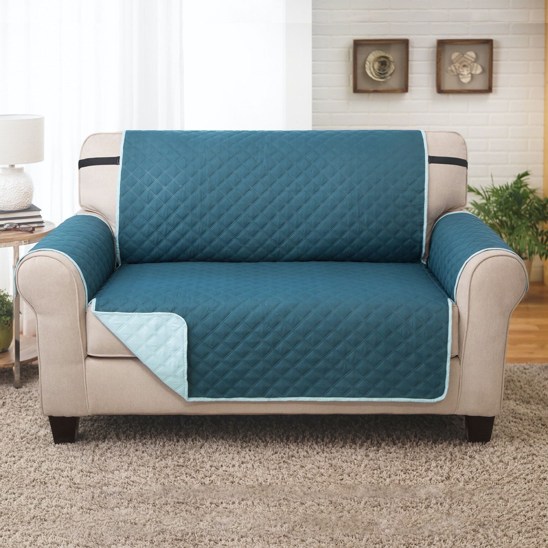 Solid Reversible Quilted Love Seat Furniture Protector, JADE TEAL, hi-res image number 0