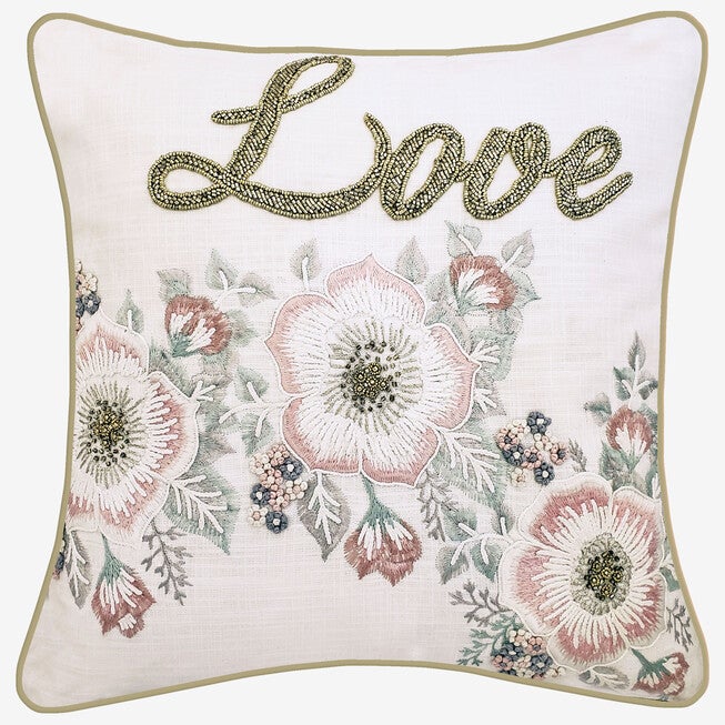 Floral Beaded "Love" Decorative Pillow, OYSTER PINK, hi-res image number null