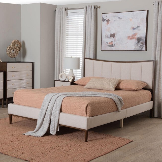 Nikolai Mid-Century Channel Tufted Beige Fabric and Wenge Brown Wood Queen Bed, BEIGE/WENG, hi-res image number 0