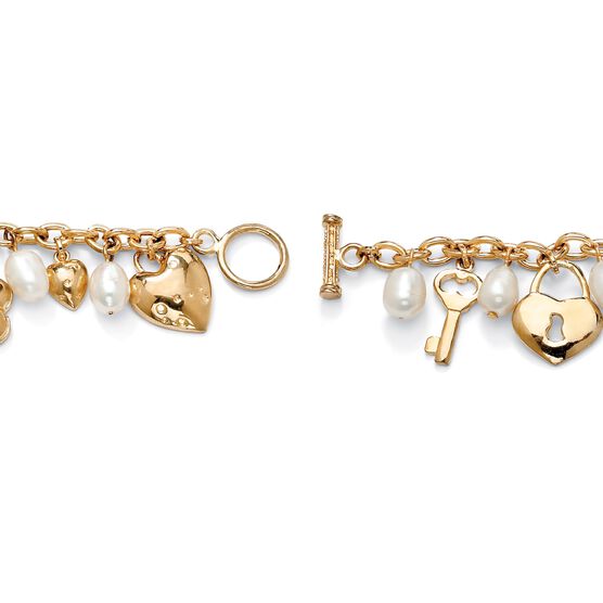 Gold Tone Charm Bracelet Crystal and Cultured Freshwater Pearl 8", , on-hover image number null