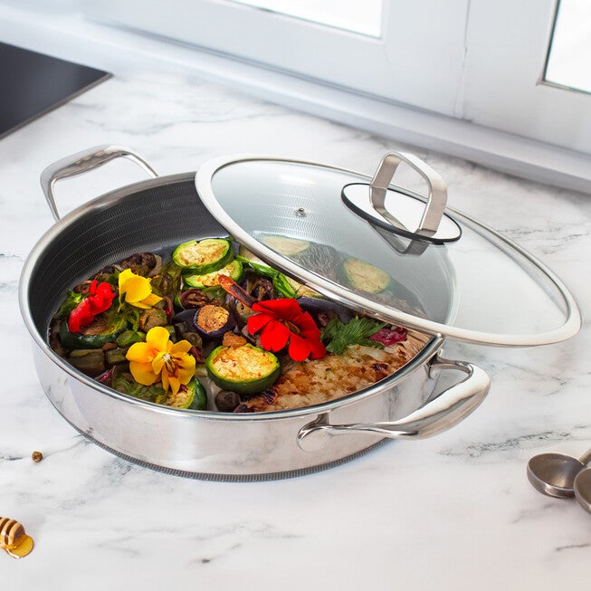 LIVWELL DiamondClad™ 5 Quart Hybrid Nonstick Stainless Steel Saute Pan and Lid, Dishwasher Safe, PFOA-free – Silver/Black, SILVER, on-hover image number 1